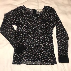 Olive & Oak Black Bird-Print Long Sleeve Blouse Sm/Med